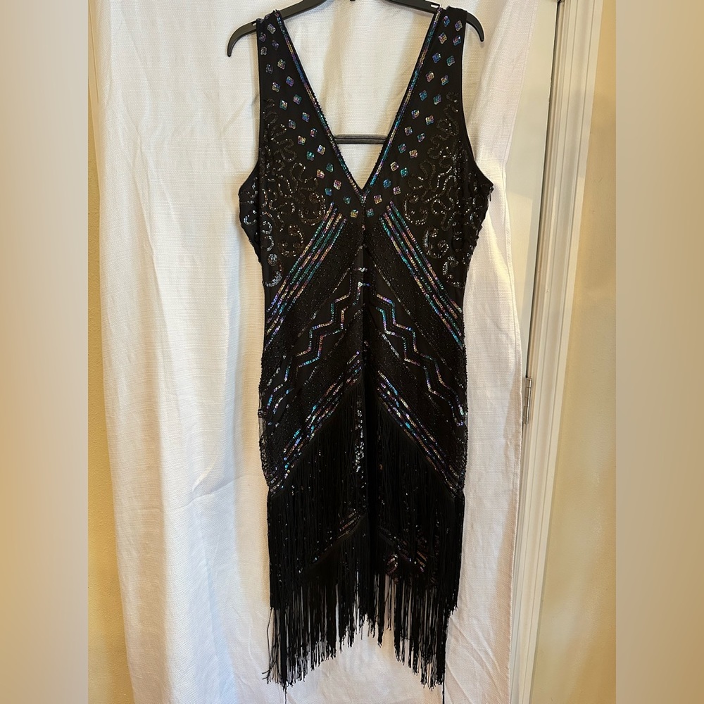 Black, deep plunge, multicolored, sequins dress
